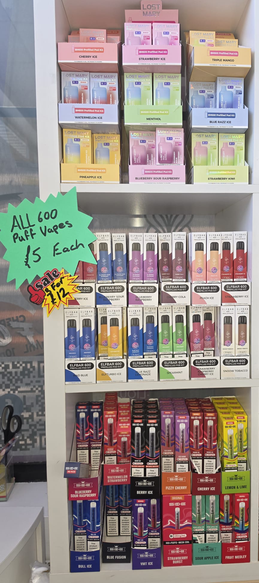 Elf Bar and Lost Mary 600 puff disposables at Belfield Vape Rochdale